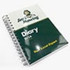 A5 wiro diary with a printed cover in green, featuring 157 leaves and a spiral binding. Includes a logo.