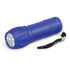 A blue torch with multiple LED lights and a black keyring attachment.