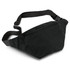 A black belt bag featuring a front zip pocket and an adjustable strap, with a logo visible on the fabric.
