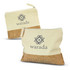 A natural canvas pencil case with a cork bottom features a stylish logo. It has a zip closure and is beige in colour.