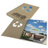 A brown recycled notebook with a spiral binding, featuring an eco-themed design and a logo on the cover.