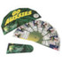 A folded brochure fan in green and yellow with various images and a logo, designed for promotional use.