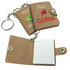 Bonded leather keychain book in brown with a chain, features a notepad and logos on the cover.