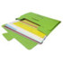 A green file folder with multiple coloured dividers and a flap closure, featuring a branding logo.