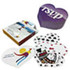 A set of heart-shaped playing cards in a purple box, featuring colourful designs on the cards.