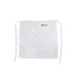 A white half apron made of 100% polyester with a pocket and a logo.