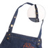 A denim full bib apron with a neck strap featuring a side view of the adjustable strap and a small inset of the clip.