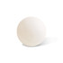 A white table tennis ball with a smooth surface, featuring a logo.