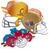 A collection of colourful novelty paper helmets, including designs in orange, gold, and red, featuring various logos.