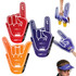 A selection of foam hand designs in red, purple, and orange, featuring a logo and a person holding one up.