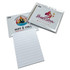 A magnetic shopping list notepad in white with line sections, accompanied by two branded card designs.