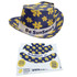 A navy sun hat with yellow floral patterns and a logo, accompanied by a printed design template.