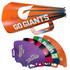 An orange megaphone with a handle and various colourful fan shapes in a range of hues, featuring logos.