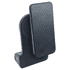 A black wireless charger with a slanted design and a mobile phone resting against it. It has a logo on the base.