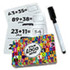 A set of colourful Dry Erase Maths Cards with a black marker, featuring various math problems and a logo.