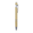A bamboo pen with silver accents, featuring a stylus tip and a clip for easy attachment.