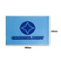 A blue polyester logo mat featuring a circular design and text, measuring 900mm by 600mm.