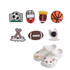 A pair of white Clog shoes with assorted sports-themed charms in green, red, brown, orange and black.