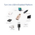 A collection of USB devices and connectors, including a Wheat Straw USB Data Blocker, in various colours on a white background.