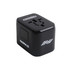 A black universal travel adapter featuring multiple ports and a logo. Compact design suitable for various plugs.