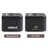 A universal travel adapter with USB-C ports in black, featuring two different print designs and a logo on each side.