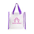 A clear tote bag with purple handles and a logo featuring light bulb graphics.