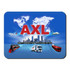 A mat featuring a blue background, images of transport vehicles, and the word "AXL" prominently displayed.