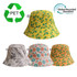 A collection of four bucket hats featuring floral, geometric, camouflage, and orange patterns. One has a logo.