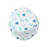A white bucket hat featuring a playful dinosaur pattern in various shades of blue and green. It has a logo on it.