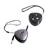 A triangular retractable portable charging cable in black and silver with a logo and a loop for easy carrying.