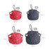 A red and navy dog baseball hat in various sizes: S, M, L, and XL, with decorative patterns. Each has a logo.