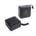 A portable wireless Bluetooth speaker in black with a textured surface and a branding logo on one side.