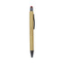 A bamboo pen featuring a red stylus tip and a black end, with a clip for easy attachment.