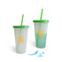 A drink tumbler with a frosted finish, featuring a green lid and straw, changing colour when cold. Includes a logo.