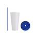 A drink cup with a white body, blue lid, and blue straw, featuring a logo on the lid.