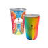 A set of two aluminium cups featuring vibrant tie-dye designs in rainbow colours, each with a logo.