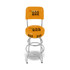 A yellow bar stool with a backrest featuring the word "BAR" and a chrome base. It has a round padded seat.