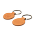 A tan recycled leather keyring with a metal keychain, featuring a branded logo on one side.