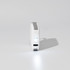 A white mini power bank with a grey accent and a built-in light, featuring a logo on the side.