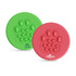 A Pop fidget frisbee set in green and pink, featuring a paw print design with several popping bubbles. Each frisbee has a logo.