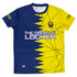 A unisex crew neck sports t-shirt featuring a blue and yellow geometric design, with a logo on one sleeve.