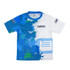 A blue and white kids' crew neck sports T-shirt featuring a splash design and a logo on the sleeve.