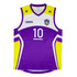A unisex sports tank in purple and yellow, featuring a logo and the number 10 on the front.