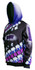 A purple and black adult hoodie featuring a pixelated pattern and a hood. The design includes vibrant geometric shapes.