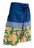 Board shorts for adults featuring a blue patterned top and a yellow bottom with green palm tree designs.