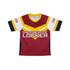 A kids' sports T-shirt in maroon with yellow and white accents, featuring a logo on the front.