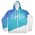 A hoodie zip in blue gradient with a white lower section and a front logo. Features a drawstring hood.