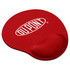 A red gel wrist mouse mat featuring a logo on the surface and a cushioned wrist support.