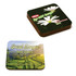 Eco MDF full colour coasters featuring floral and landscape designs, with a dark background and a logo.