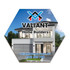 A hexagonal coaster featuring a modern home design, with a logo and contact details prominently displayed.